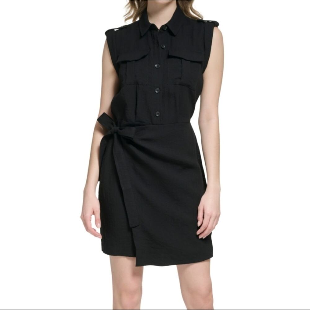 Calvin Klein Black Sleeveless Shirt Dress with Waist Tie
